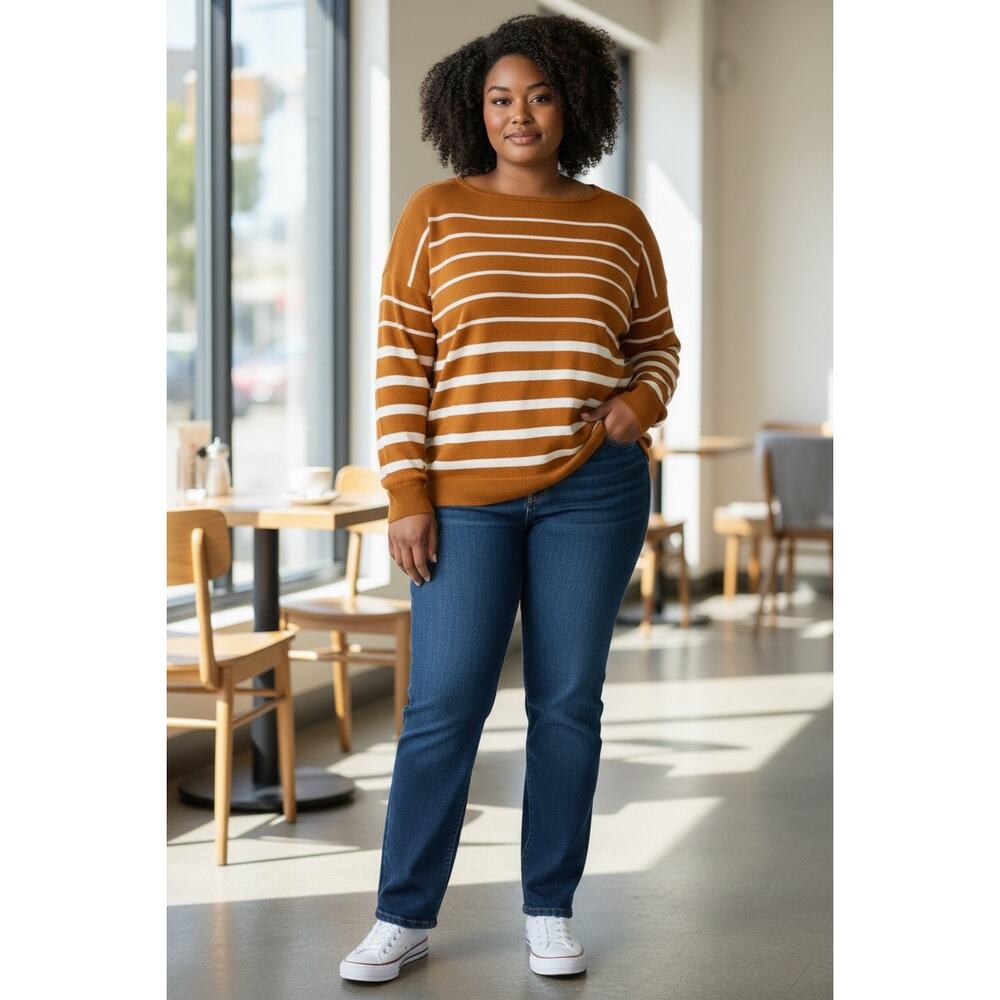 Liz Claiborne XXL Orange White Striped Sweater Lightweight Knit Top